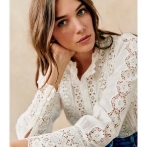 Sezane White (Ecru) Long-Sleeve Button Down Cotton Lace Blouse/Shirt sz S